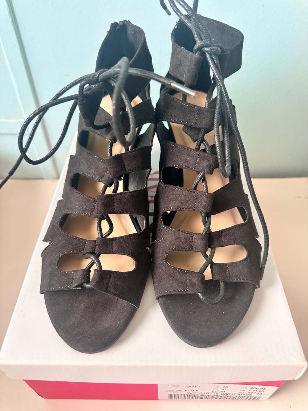 JustFab Lasey Size 10 Black Lace-Up Wedge Heels Sandals